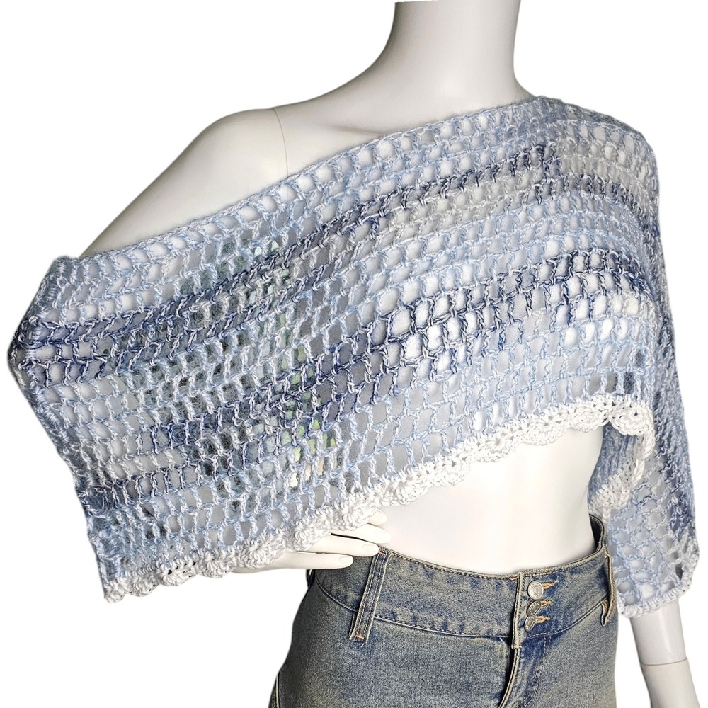 Handmade Crochet Shrug, Womens OS, Blue and White Knit‎ Lace Trim Poncho